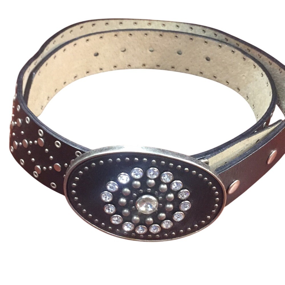 Studded Rhinestone Belt Black Leather Oval Buckle Western Fashion